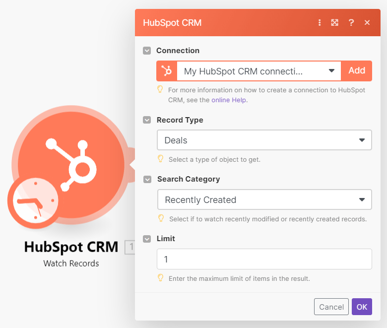 03 Trigger Hub Spot Add Connection and select what to watch: Connecting Quoting Applications to HubSpot interface screenshot 4