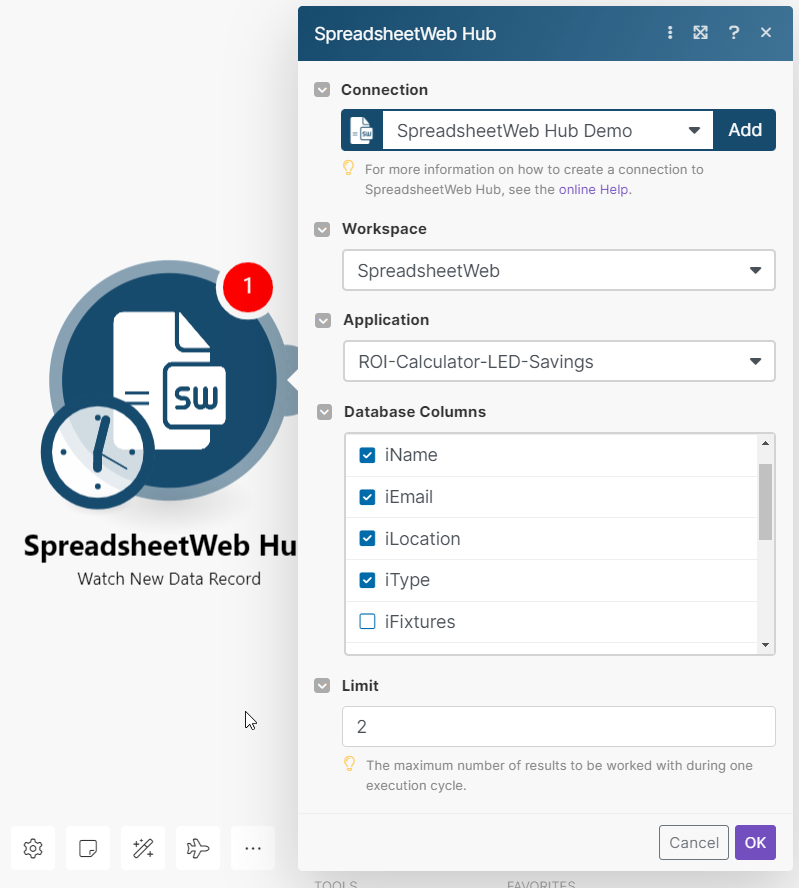 03 Trigger Spreadsheet Web Hub Add Connection Select application and database fields to send Sales Force: Connecting an Online Calculator to Salesforce interface screenshot 4