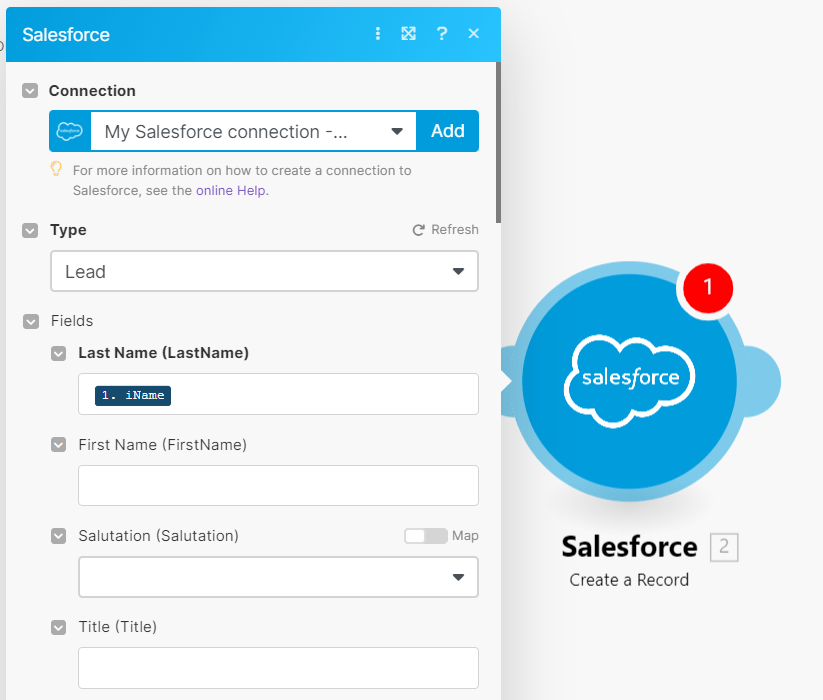 06 Action Sales Force Add connection and bind fields from the trigger: Connecting an Online Calculator to Salesforce interface screenshot 7