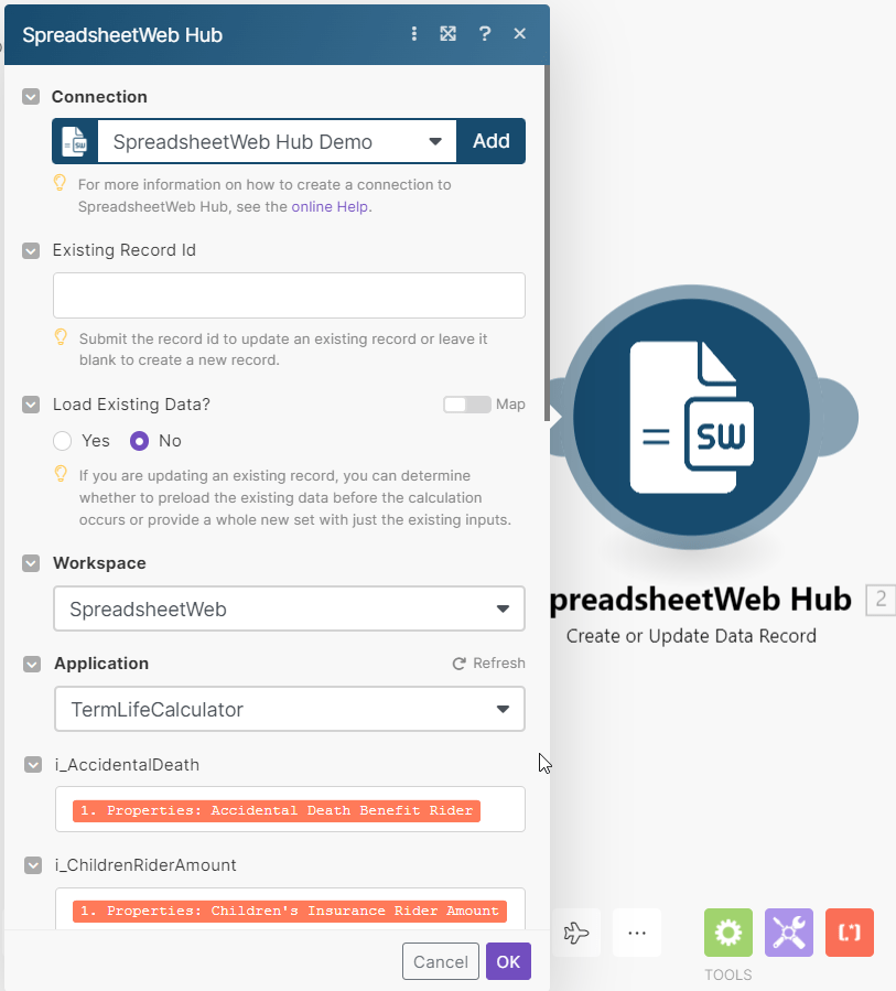 07 Action Spreadsheet Web Hub Add Connection and select application inputs and outputs 1: Connecting Quoting Applications to HubSpot interface screenshot 8