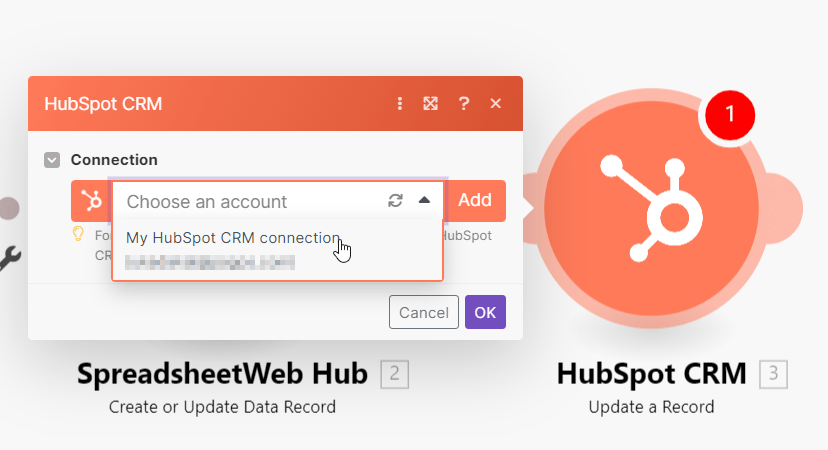 11 Trigger Hub Spot Update a Record Select existing connection: Connecting Quoting Applications to HubSpot interface screenshot 12