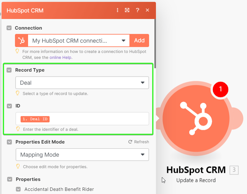 12 Trigger Hub Spot Update a Record Bind Deal Id from trigger module: Connecting Quoting Applications to HubSpot interface screenshot 13