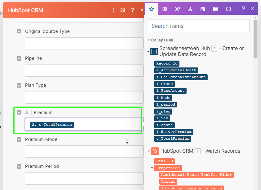 13 Trigger Hub Spot Update a Record Bind output value from Spreadsheet Web Hub action: Connecting Quoting Applications to HubSpot interface screenshot 14