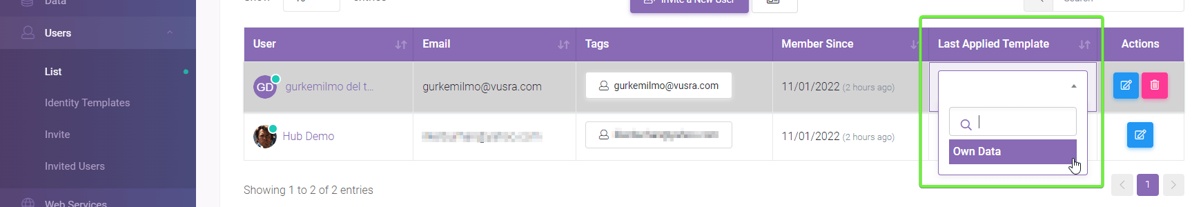 How to restrict user to see own data only 04 User Template Assignment: Identity Templates interface screenshot 4 in User Tags