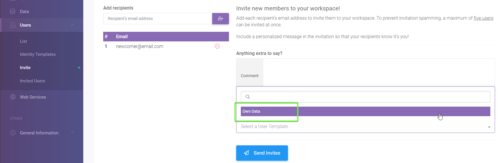 How to restrict user to see own data only 05 Send Invite: Identity Templates interface screenshot 5 in User Tags