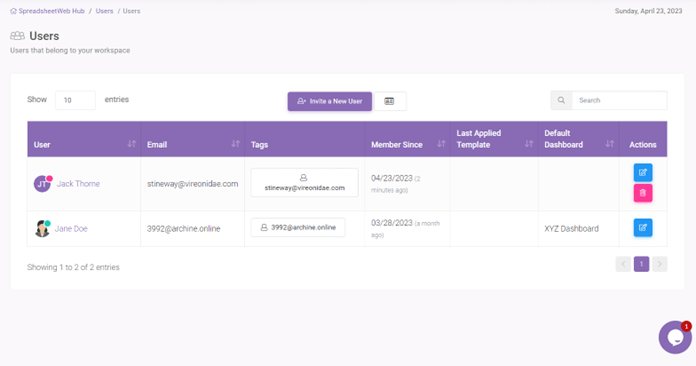 Editing ‘User Rights’ user by user: interface screenshot 2 in Dashboard Permission
