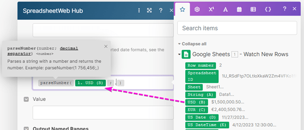 Configuring parseNumber for a currency value in Make