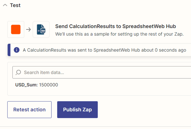 Successful SpreadsheetWeb Hub action test with the extracted number