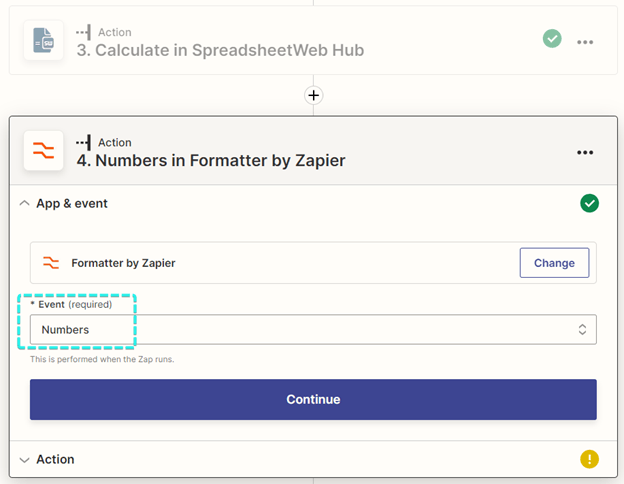 Numbers event selected for a Formatter step after SpreadsheetWeb Hub