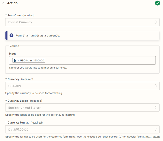 Format Currency transform fields for currency, locale, and display format