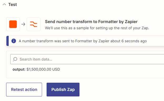 Formatted currency output from the Zapier action test