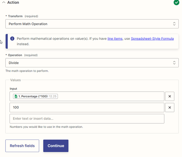 Perform Math Operation configured to multiply or divide by 100