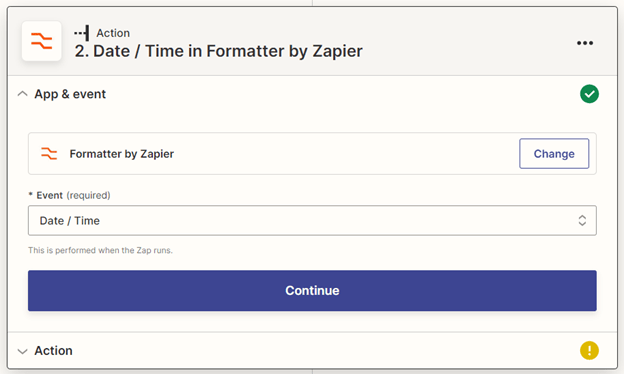 Date and Time event selected in Formatter by Zapier