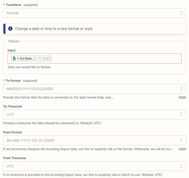 Zapier date formatting fields for input format, output format, and time zones
