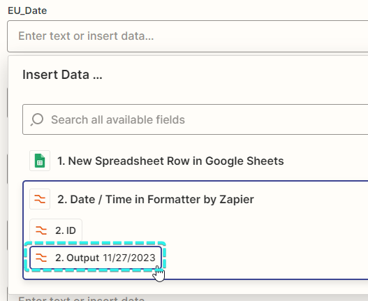 Formatted date output mapped to the SpreadsheetWeb Hub action