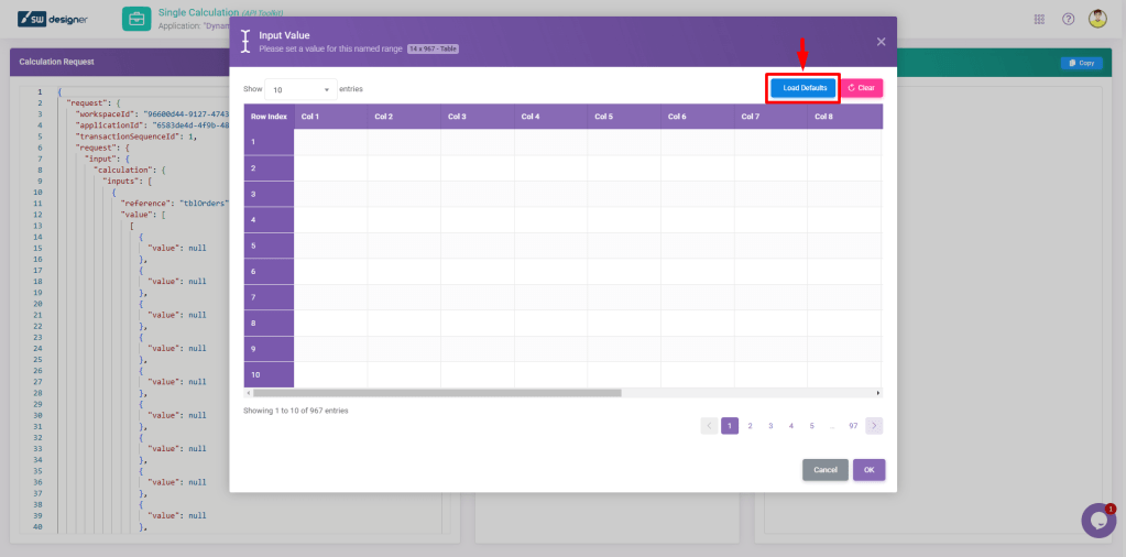 API Toolkit Load Defaults: Edit Table Values interface screenshot 3 in API Toolkit