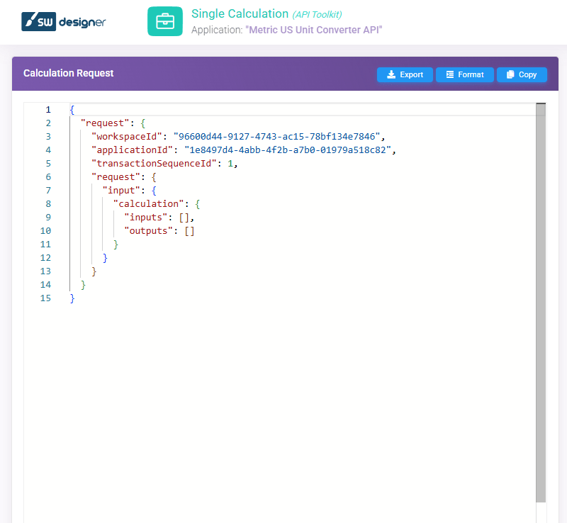 API Toolkit Single Calculation Calculation Request: Calculation Request Panel interface screenshot 2 in API Toolkit