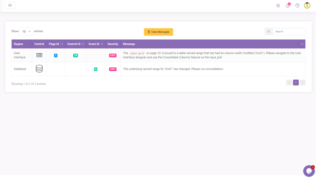Validation Messages Grid Consolidate: The input (or output) grid on page X is bound to a table named range that has had its column width modified ( Y ). Please navigate to the User