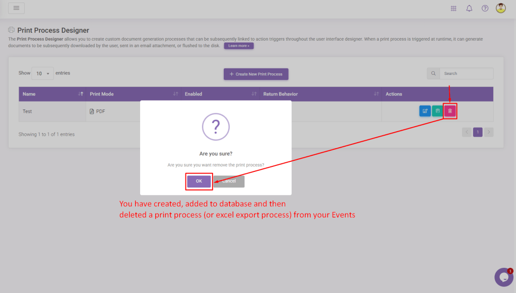 Validation Messages Print Process Delete: Column X on table Y is bound to a print process (or excel export process) that no longer exists! interface screenshot 26 in Validation Mes
