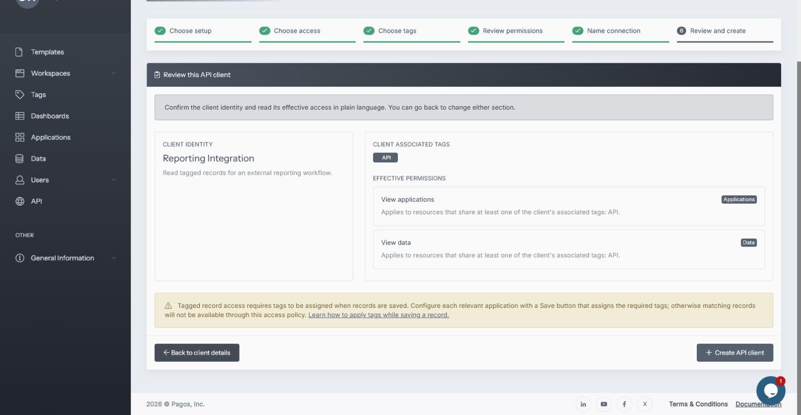 SpreadsheetWeb API client final review showing identity, associated tags, and effective permissions
