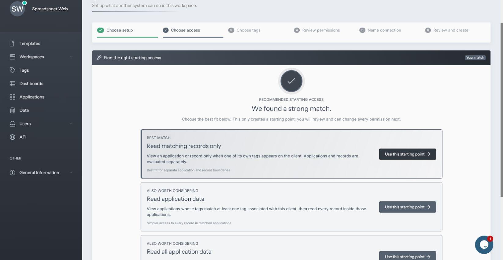 SpreadsheetWeb API client recommended access with tag-scoped application and record choices