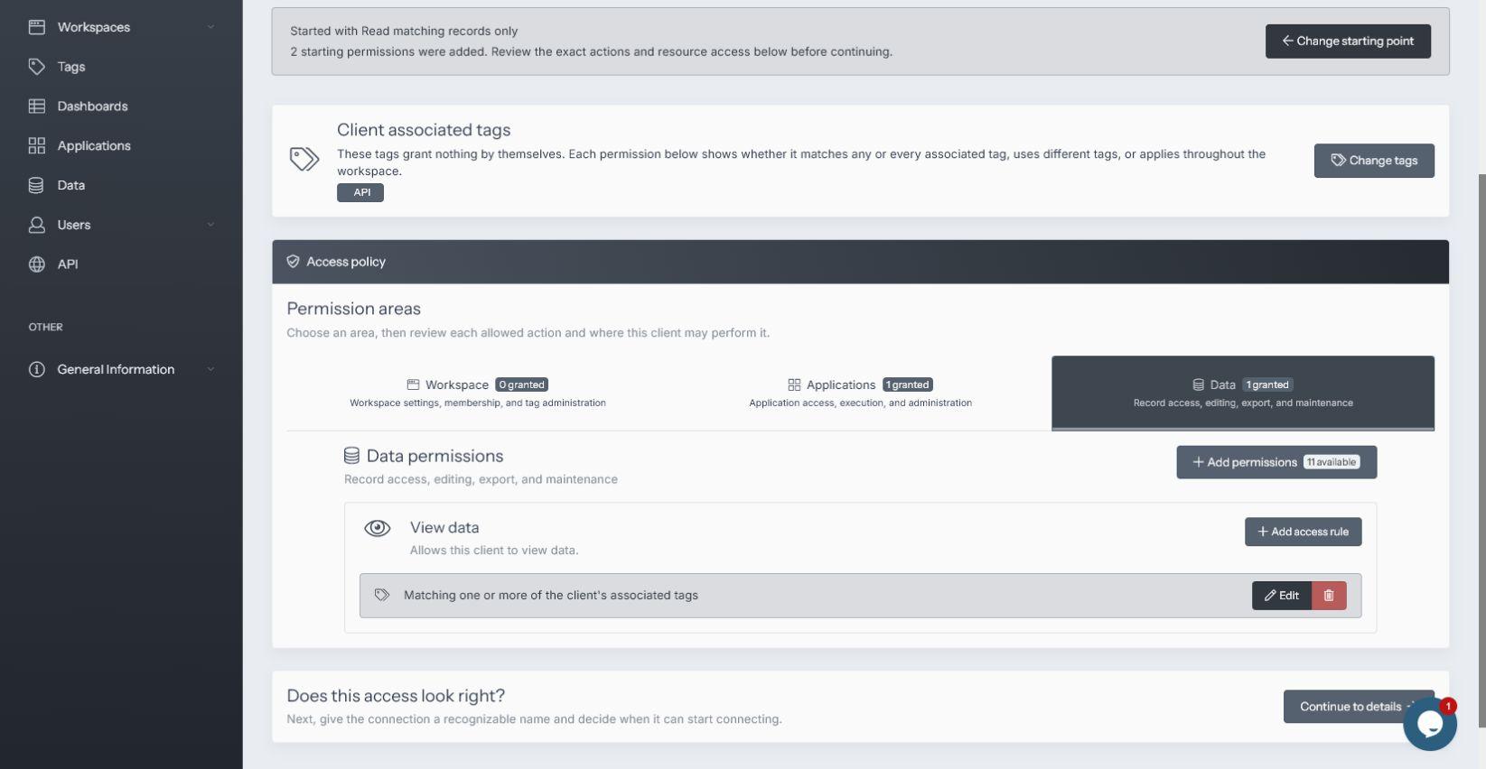 SpreadsheetWeb API client record permissions with associated tag access rules