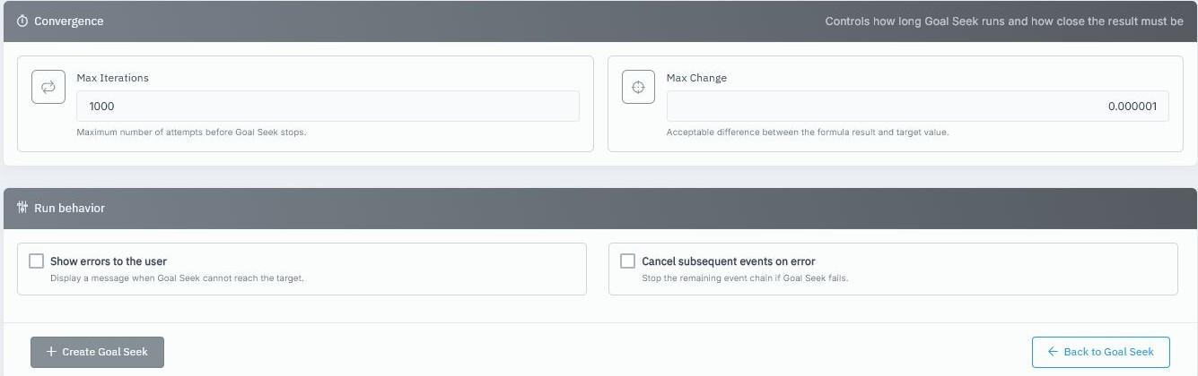 SpreadsheetWeb Goal Seek Event Designer convergence and run behavior settings