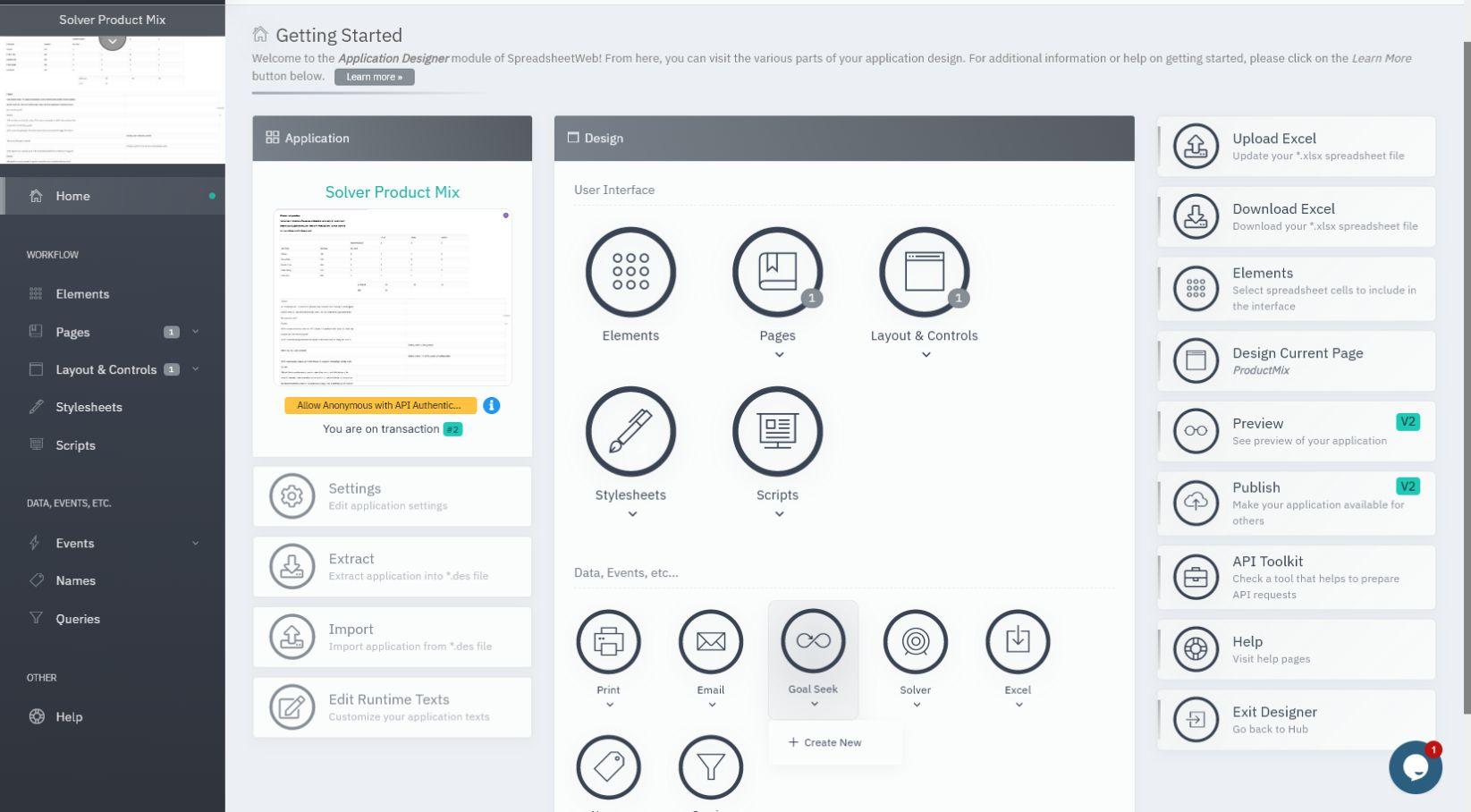 SpreadsheetWeb Application Designer home with the Goal Seek menu expanded and Create New option