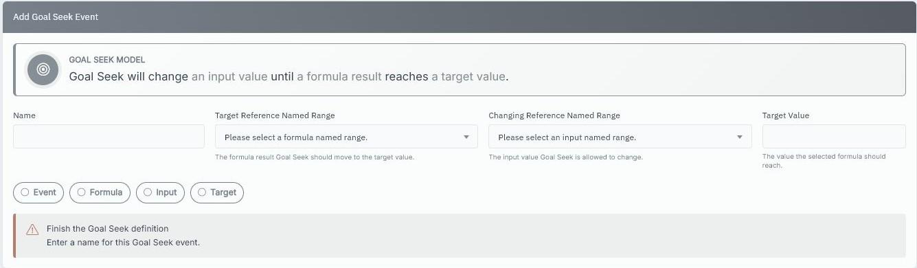 SpreadsheetWeb Goal Seek Event Designer configuration fields for name, target reference, changing reference, and target value