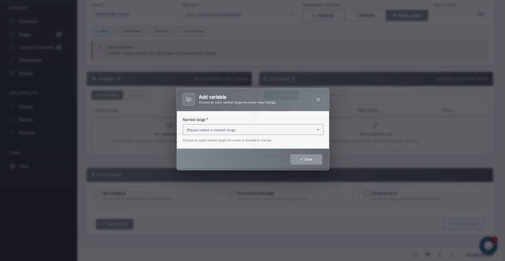 SpreadsheetWeb Solver Event Designer Add Variable dialog for selecting an input named range