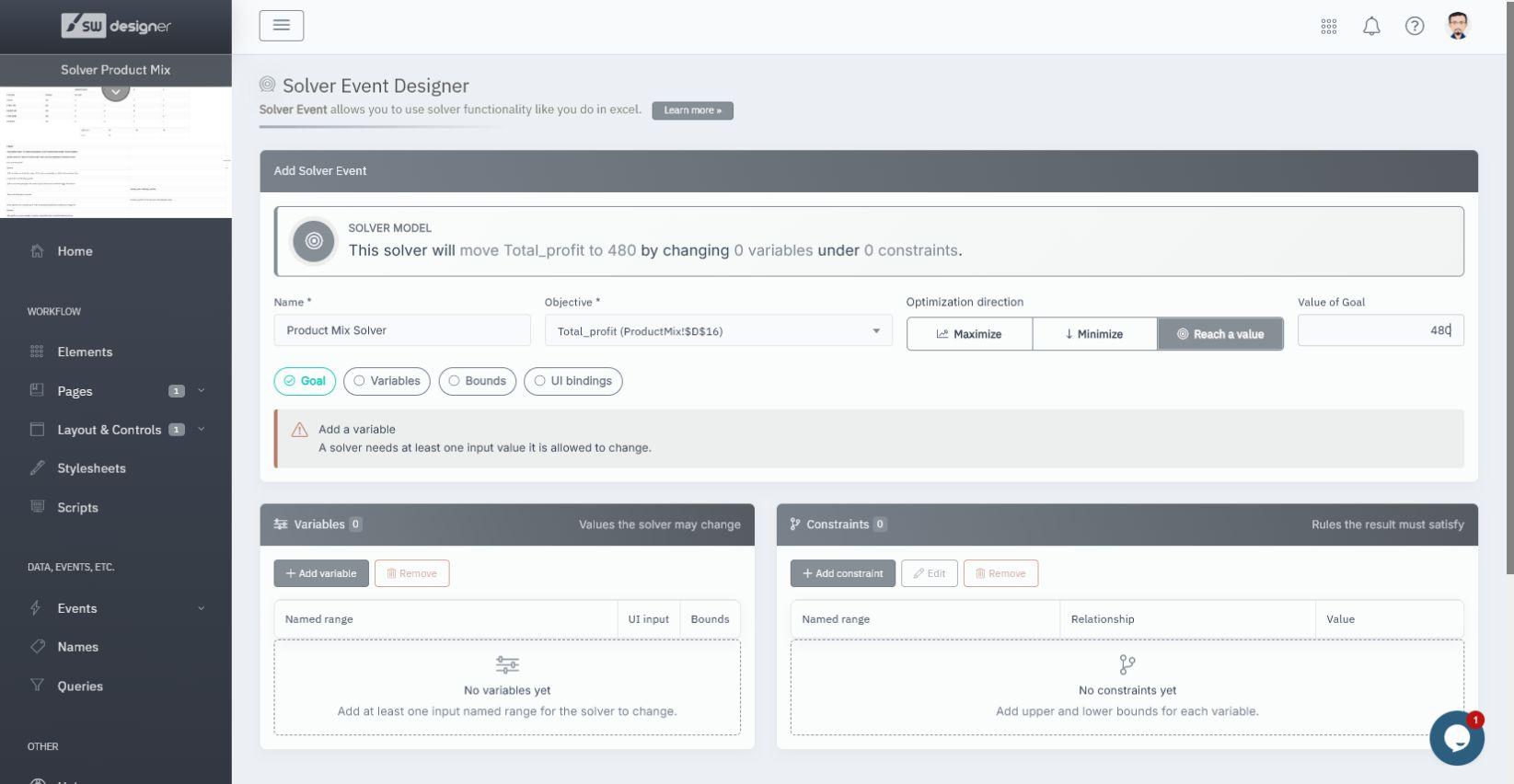 SpreadsheetWeb Solver Event Designer with objective, optimization direction, goal, variables, and constraints