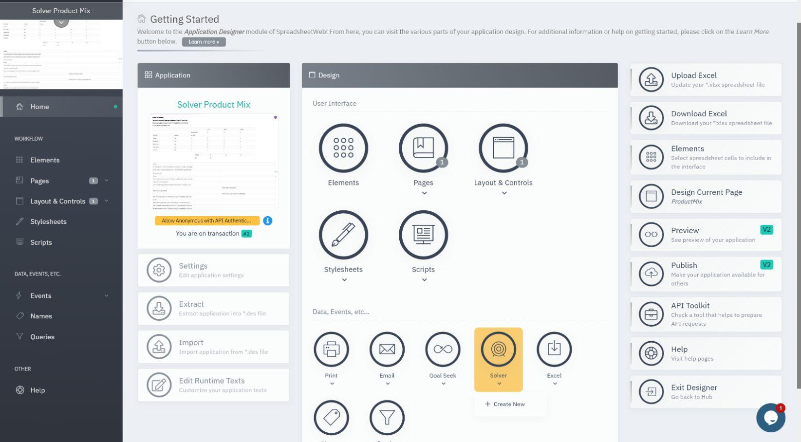 SpreadsheetWeb Application Designer home with the Solver menu expanded and Create New option