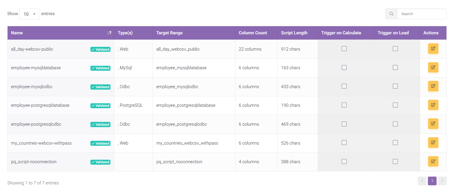 List of Power Queries in SpreadsheetWeb Designer